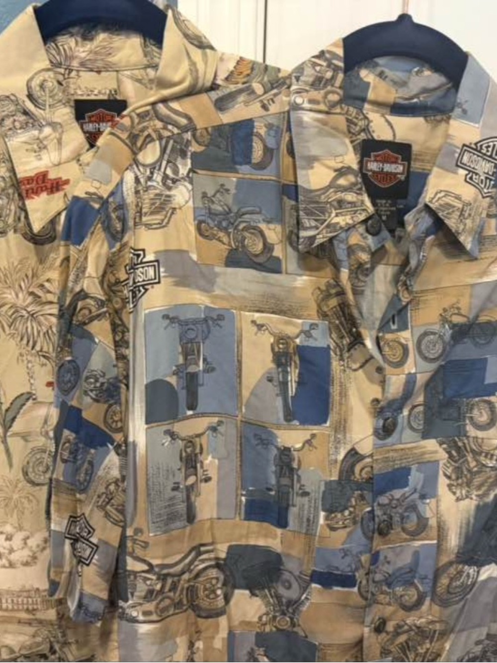 2 Harley-Davidson Tan Motorcycle Patchwork Button-Up Shirts Medium